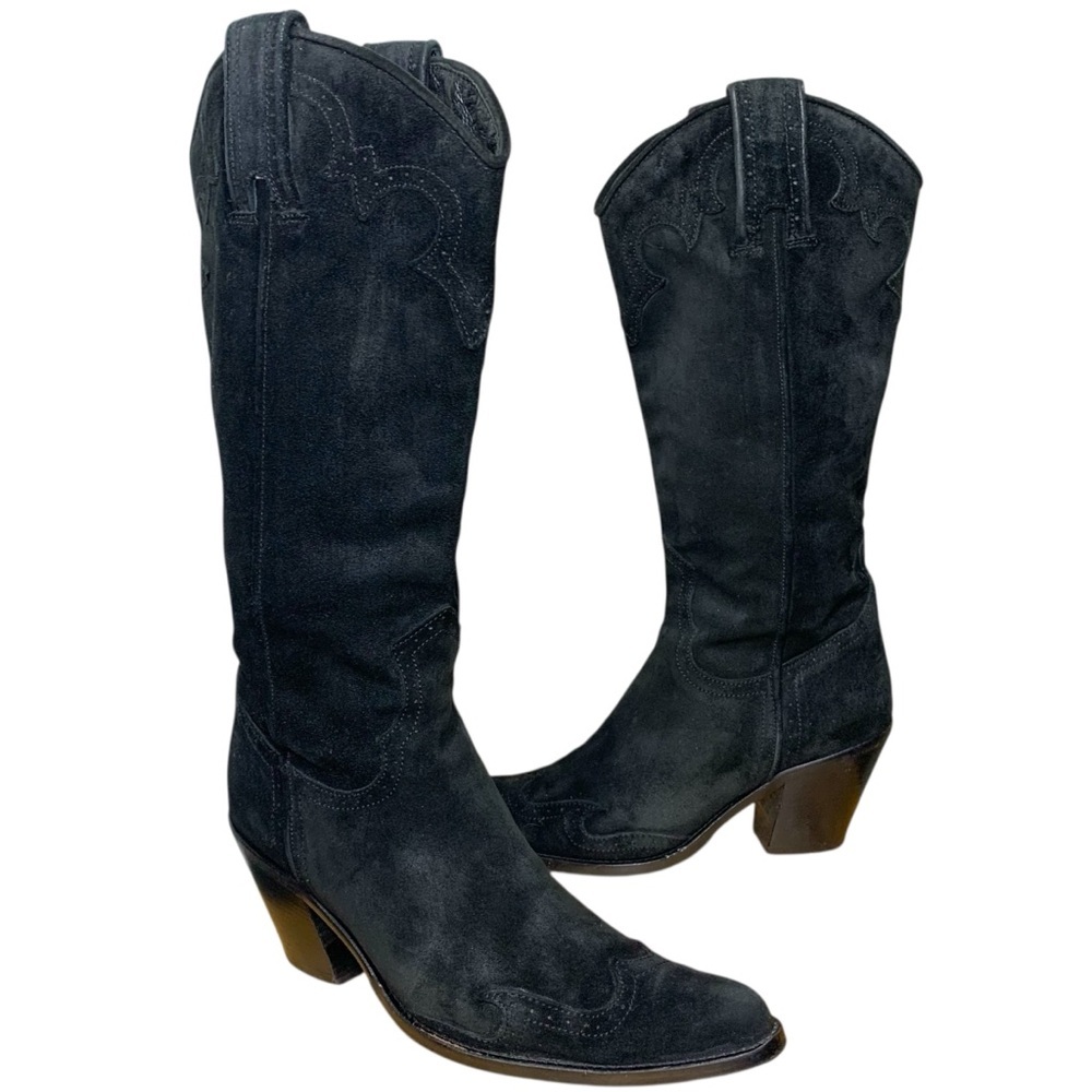 Gerard Darel Paris Black Suede Cowboy Boots 37 Pointed Wing Tip Western Italy